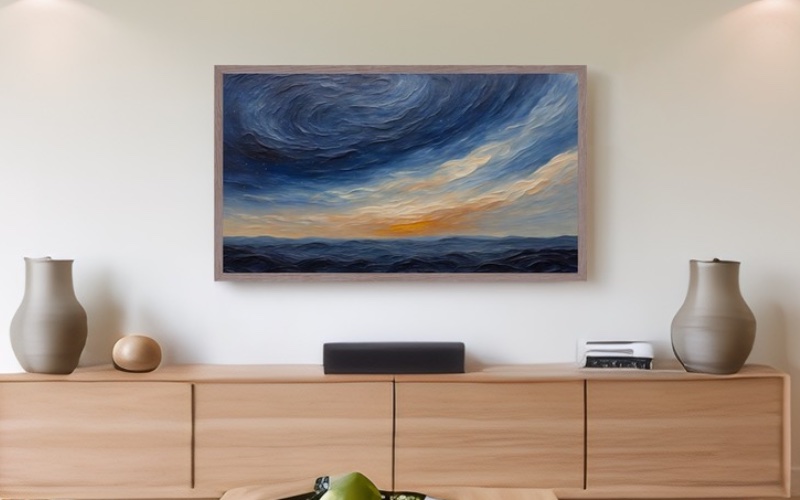 Samsung Frame TV displaying art in a living room