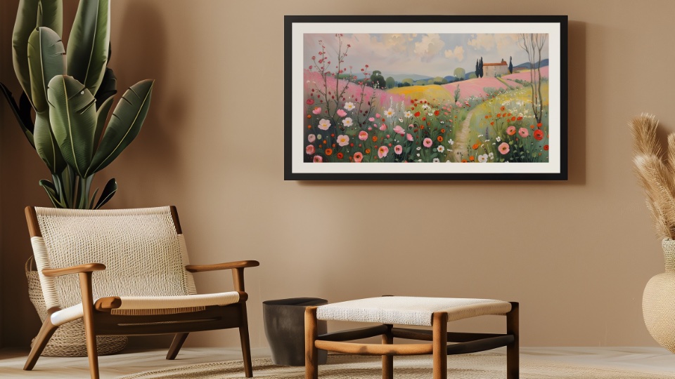 Samsung Frame TV with matte finish displaying painterly landscape