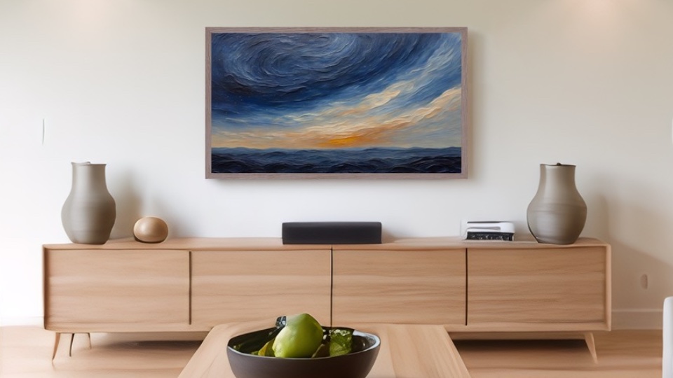 Samsung Frame TV displaying botanical still life in a modern living room