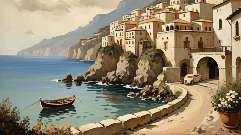 Quiet harbor with fishing boats in soft watercolor tones