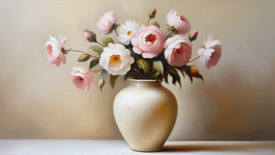 Painterly peony arrangement in soft pink and cream tones