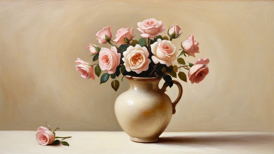 Garden roses in ceramic vase with sage green leaves