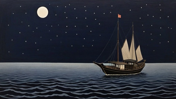 Midnight boat on calm water